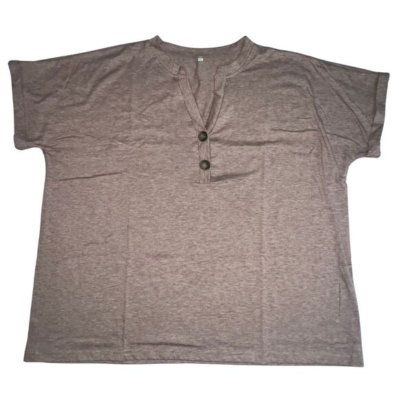T shirt Womens 3X Henley Mocha Brown Cuff Short Sleeves Casual Minimalist Top - Picture 3 of 9